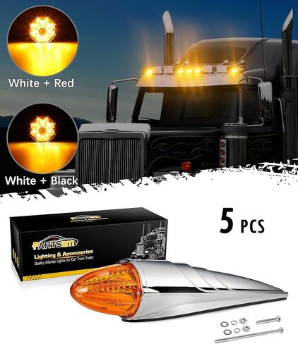Partsam 5PCS Amber Torpedo Cab Marker, Chrome Roof Running Lights Assembly, LED High/Low-Brightness Mode Clearance Lights Compatible with International/Peterbilt/Freightliner/Mack in Kuwait