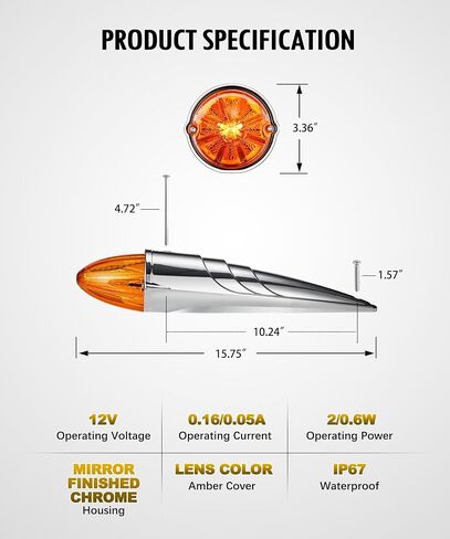 Partsam 5PCS Amber Torpedo Cab Marker, Chrome Roof Running Lights Assembly, LED High/Low-Brightness Mode Clearance Lights Compatible with International/Peterbilt/Freightliner/Mack in Kuwait