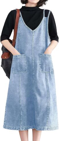 ebossy Women's Sleeveless V Neck Denim Overall Jumper Dress Casual Loose Double Spaghetti Straps Midi Jean Dress in Saudi Arabia