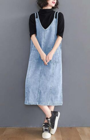 ebossy Women's Sleeveless V Neck Denim Overall Jumper Dress Casual Loose Double Spaghetti Straps Midi Jean Dress in Saudi Arabia