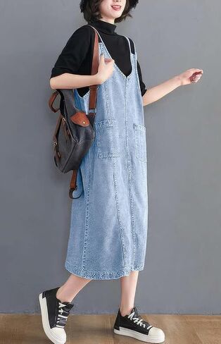 ebossy Women's Sleeveless V Neck Denim Overall Jumper Dress Casual Loose Double Spaghetti Straps Midi Jean Dress in Saudi Arabia