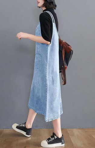 ebossy Women's Sleeveless V Neck Denim Overall Jumper Dress Casual Loose Double Spaghetti Straps Midi Jean Dress in Saudi Arabia