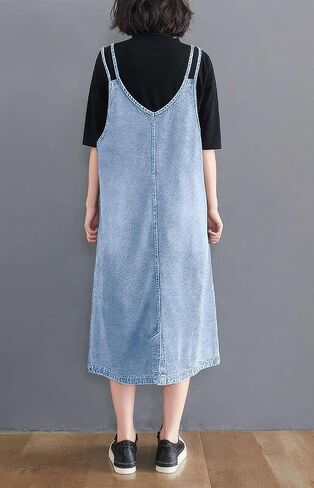 ebossy Women's Sleeveless V Neck Denim Overall Jumper Dress Casual Loose Double Spaghetti Straps Midi Jean Dress in Saudi Arabia