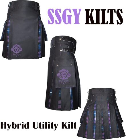 Modern Utility Kilts-Men's Scottish Hybrid Black Cotton & Acrylic Wool Tartan Utility Kilts with Leather Straps in Saudi Arabia