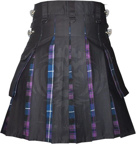 Modern Utility Kilts-Men's Scottish Hybrid Black Cotton & Acrylic Wool Tartan Utility Kilts with Leather Straps in Saudi Arabia