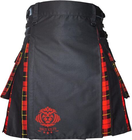 Modern Utility Kilts-Men's Scottish Hybrid Black Cotton & Acrylic Wool Tartan Utility Kilts with Leather Straps in Saudi Arabia