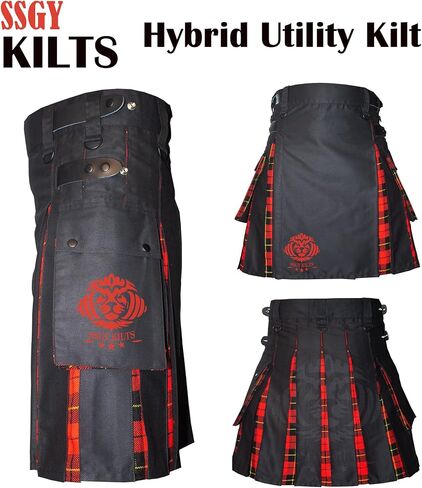 Modern Utility Kilts-Men's Scottish Hybrid Black Cotton & Acrylic Wool Tartan Utility Kilts with Leather Straps in Saudi Arabia