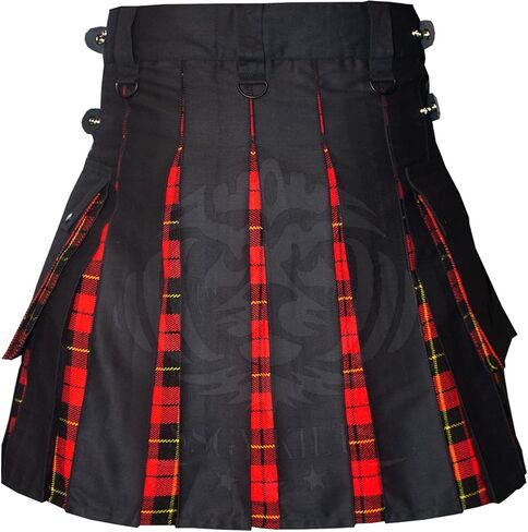 Modern Utility Kilts-Men's Scottish Hybrid Black Cotton & Acrylic Wool Tartan Utility Kilts with Leather Straps in Saudi Arabia