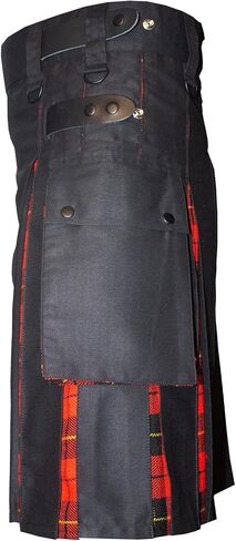 Modern Utility Kilts-Men's Scottish Hybrid Black Cotton & Acrylic Wool Tartan Utility Kilts with Leather Straps in Saudi Arabia