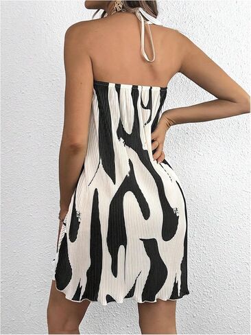 OYOANGLE Women's Maternity Graphic Print Pleated Sleeveless Halter Dress Backless Loose Casual Short Dresses in Saudi Arabia