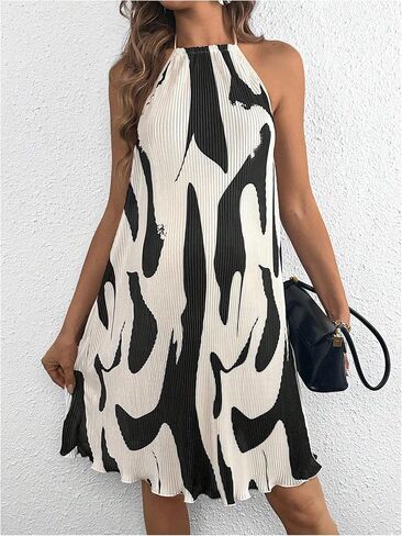 OYOANGLE Women's Maternity Graphic Print Pleated Sleeveless Halter Dress Backless Loose Casual Short Dresses in Saudi Arabia