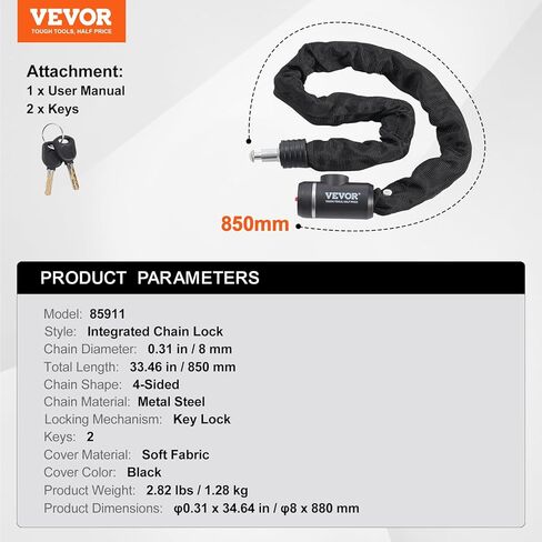 VEVOR Bike Chain Lock, 3.28 Ft Bicycle Chain Lock with 4 Keys, Heavy Duty Metal Steel Anti-Theft High Security Bike Locks, Perfect for Bike, Motorcycle, Scooter, Bicycle, Door, Fence or Gate, 14mm in Saudi Arabia