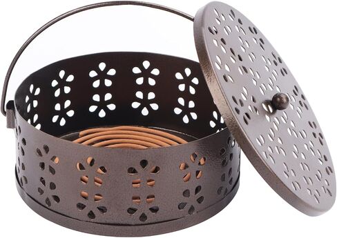 Incense Coil Holder, Retro Portable Iron Coil Incense Burner with Lid and Handle, Round Fireproof Incense Holder for Home Indoor Outdoor Hanging Camping Deck Patio (Bronze) in Kuwait
