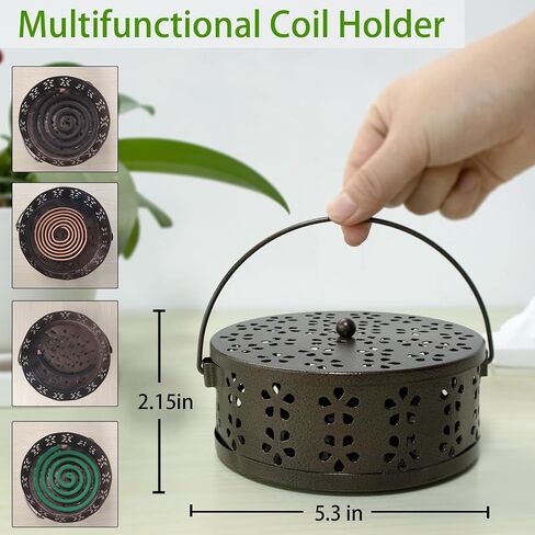 Incense Coil Holder, Retro Portable Iron Coil Incense Burner with Lid and Handle, Round Fireproof Incense Holder for Home Indoor Outdoor Hanging Camping Deck Patio (Bronze) in Kuwait