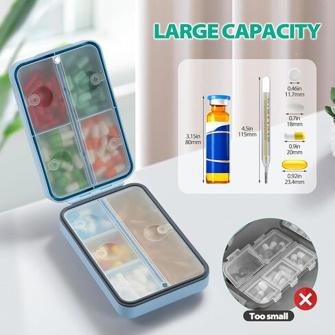 Travel Pill Organizer with Blank Labels, Weekly Pill Box, 8 Large Compartments Medicine Organizer, Moisture-Proof Pill Case for Vitamin, Medicine, Fish Oil/Supplements, in Kuwait