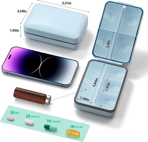 Travel Pill Organizer with Blank Labels, Weekly Pill Box, 8 Large Compartments Medicine Organizer, Moisture-Proof Pill Case for Vitamin, Medicine, Fish Oil/Supplements, in Kuwait