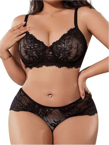 Makemechic Women's Plus Size 2 قطعة الملابس الداخلية مجموعة الدانتيل الزهرية حمالة صدرية تحت الأركان ومجموعة اللباس الداخلي in Kuwait
