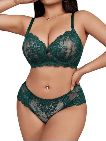 Makemechic Women's Plus Size 2 قطعة الملابس الداخلية مجموعة الدانتيل الزهرية حمالة صدرية تحت الأركان ومجموعة اللباس الداخلي in Kuwait