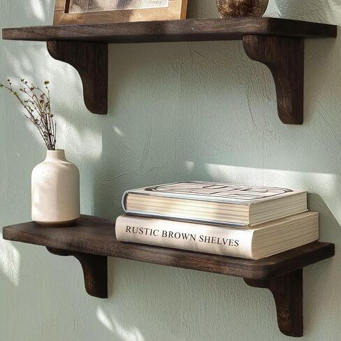 Real Wood Rustic Brown Wall Shelf - 17 inch (2 Pack) - Easy to Install, Template and Video Included - Wide Floating Shelves, Sturdy Wall Shelves, Wood Shelves for Wall, Large Wall Shelves in Kuwait