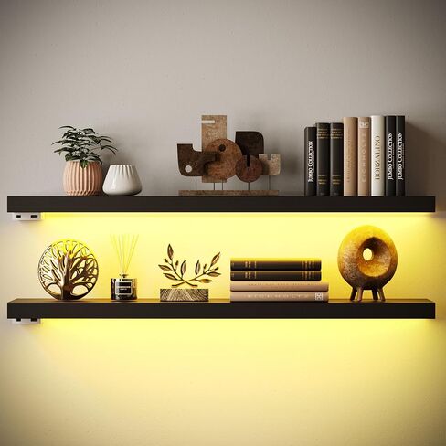 BAMEOS Black Floating Shelves with LED, 31" Sturdy Wood Wall Shelves with Invisible Brackets, Set of 2, Wall Mounted Display Shelves Decoration for Bedroom, Bathroom, Living Room, Kitchen in Saudi Arabia