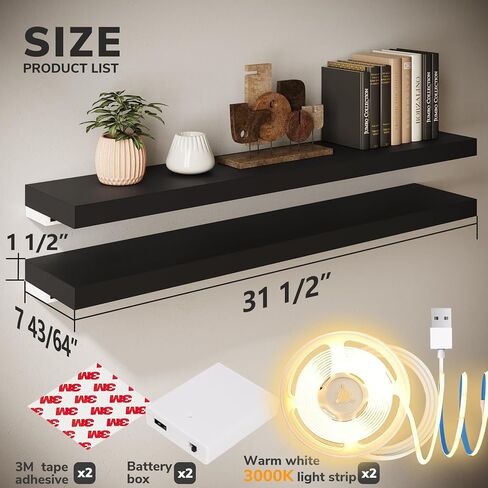 BAMEOS Black Floating Shelves with LED, 31" Sturdy Wood Wall Shelves with Invisible Brackets, Set of 2, Wall Mounted Display Shelves Decoration for Bedroom, Bathroom, Living Room, Kitchen in Saudi Arabia