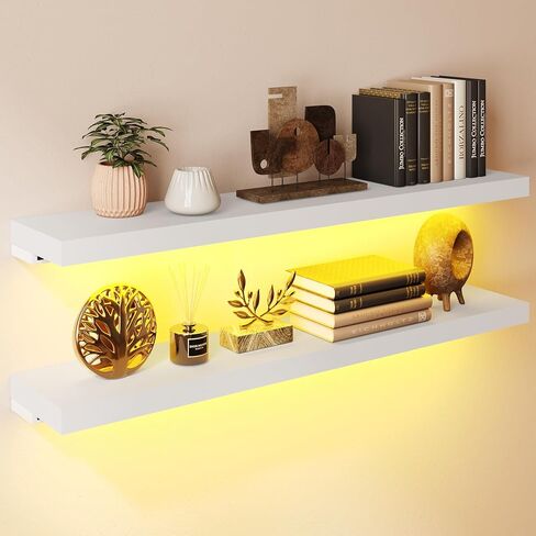 BAMEOS Black Floating Shelves with LED, 31" Sturdy Wood Wall Shelves with Invisible Brackets, Set of 2, Wall Mounted Display Shelves Decoration for Bedroom, Bathroom, Living Room, Kitchen in Saudi Arabia