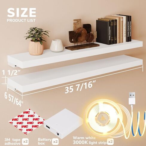 BAMEOS Black Floating Shelves with LED, 31" Sturdy Wood Wall Shelves with Invisible Brackets, Set of 2, Wall Mounted Display Shelves Decoration for Bedroom, Bathroom, Living Room, Kitchen in Saudi Arabia