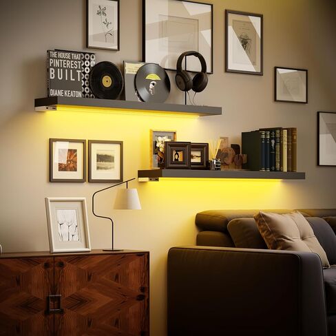 BAMEOS Black Floating Shelves with LED, 31" Sturdy Wood Wall Shelves with Invisible Brackets, Set of 2, Wall Mounted Display Shelves Decoration for Bedroom, Bathroom, Living Room, Kitchen in Saudi Arabia