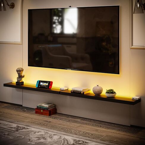 BAMEOS Black Floating Shelves with LED, 31" Sturdy Wood Wall Shelves with Invisible Brackets, Set of 2, Wall Mounted Display Shelves Decoration for Bedroom, Bathroom, Living Room, Kitchen in Saudi Arabia