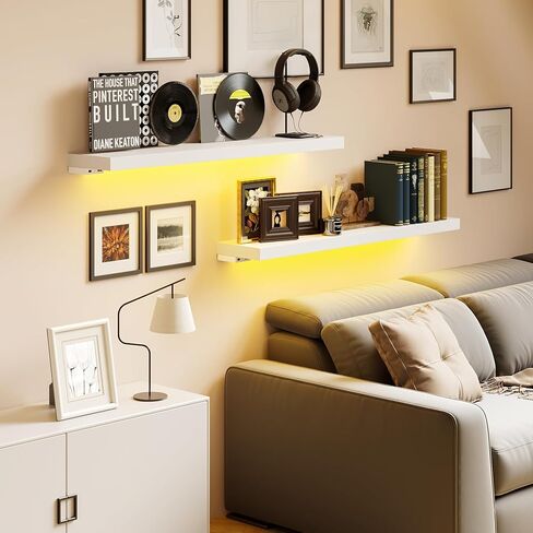 BAMEOS Black Floating Shelves with LED, 31" Sturdy Wood Wall Shelves with Invisible Brackets, Set of 2, Wall Mounted Display Shelves Decoration for Bedroom, Bathroom, Living Room, Kitchen in Kuwait