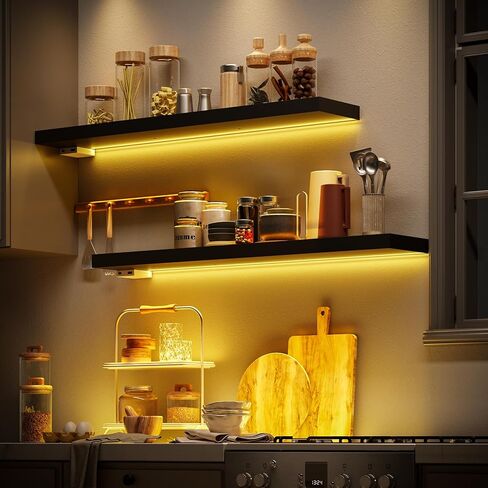 BAMEOS Black Floating Shelves with LED, 31" Sturdy Wood Wall Shelves with Invisible Brackets, Set of 2, Wall Mounted Display Shelves Decoration for Bedroom, Bathroom, Living Room, Kitchen in Saudi Arabia