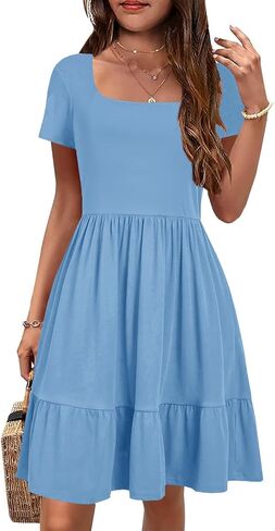 YOVION Girls Summer Dress Square Neck Short Sleeve Casual Loose Ruffle Tiered Dresses with Pockets for 6-12 Y in Kuwait