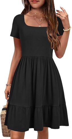YOVION Girls Summer Dress Square Neck Short Sleeve Casual Loose Ruffle Tiered Dresses with Pockets for 6-12 Y in Saudi Arabia