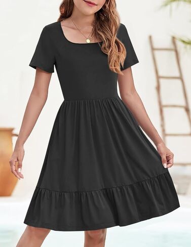 YOVION Girls Summer Dress Square Neck Short Sleeve Casual Loose Ruffle Tiered Dresses with Pockets for 6-12 Y in Saudi Arabia