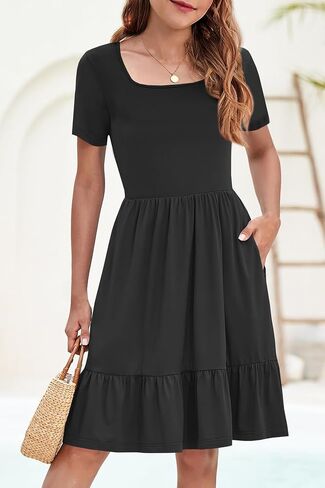 YOVION Girls Summer Dress Square Neck Short Sleeve Casual Loose Ruffle Tiered Dresses with Pockets for 6-12 Y in Saudi Arabia