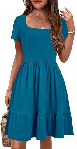 YOVION Girls Summer Dress Square Neck Short Sleeve Casual Loose Ruffle Tiered Dresses with Pockets for 6-12 Y in Saudi Arabia