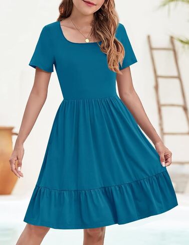 YOVION Girls Summer Dress Square Neck Short Sleeve Casual Loose Ruffle Tiered Dresses with Pockets for 6-12 Y in Saudi Arabia