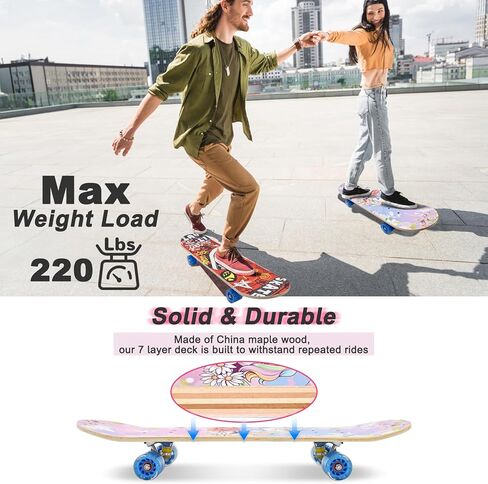 Standard Skateboards with Colorful Flashing Wheels for Beginners, Kids,Teens, 7 Layer Maple Complete Skateboard for Girls Boys, 31" x 7.8" Double Kick Concave Kids skateboard with Skate T-Tool in Saudi Arabia