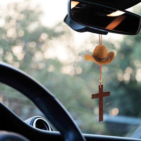 Cowboy Hat Car Charm, Cowboy Hat for Car Mirror Hanging with Cross, Country Car Hanging Pendant, Cute Rear View Mirror Hanger Decor for Women, Universal Auto Interior Accessories (Black) in Saudi Arabia