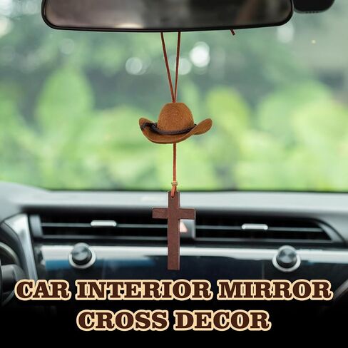 Cowboy Hat Car Charm, Cowboy Hat for Car Mirror Hanging with Cross, Country Car Hanging Pendant, Cute Rear View Mirror Hanger Decor for Women, Universal Auto Interior Accessories (Black) in Saudi Arabia