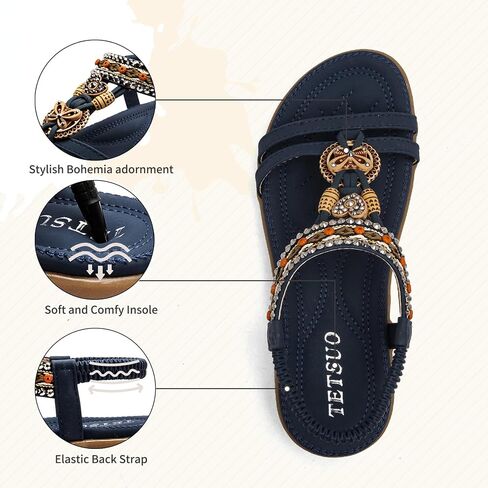 Tetsuo Women Sandals Walking Flats Summer Beach Sandals Arch Support Support Nasual Dary Syndy Shoes for Women Clastic Colet Congle Bohemian Shoes Bohemian in Kuwait