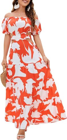 Women's Summer Boho Maxi Dress Off Shoulder Puff Sleeve Cutout Tiered Tie Back Casual Party Long Flowy Dresses in Saudi Arabia