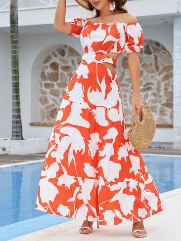 Women's Summer Boho Maxi Dress Off Shoulder Puff Sleeve Cutout Tiered Tie Back Casual Party Long Flowy Dresses in Saudi Arabia