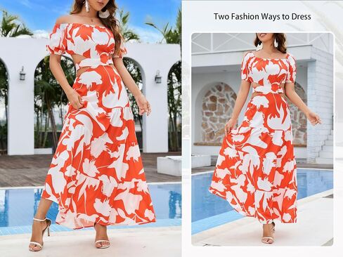 Women's Summer Boho Maxi Dress Off Shoulder Puff Sleeve Cutout Tiered Tie Back Casual Party Long Flowy Dresses in Saudi Arabia