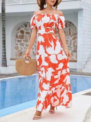 Women's Summer Boho Maxi Dress Off Shoulder Puff Sleeve Cutout Tiered Tie Back Casual Party Long Flowy Dresses in Saudi Arabia