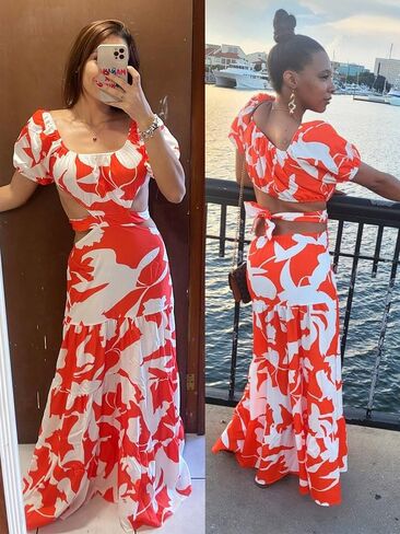 Women's Summer Boho Maxi Dress Off Shoulder Puff Sleeve Cutout Tiered Tie Back Casual Party Long Flowy Dresses in Saudi Arabia