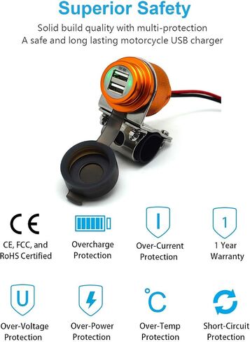 Cliff Top Motorcycle USB Charger Waterproof Dual USB Port 4A 20W Aluminium, with Magnetic Power Switch Heavy Duty for 7/8’’ and 1’’ Handlebars - Prevents Battery Drain (Golden) in Kuwait