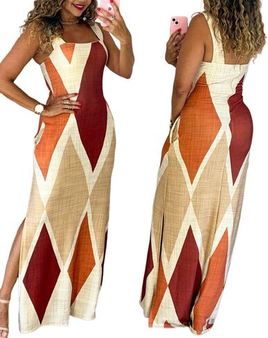 CHICME Women's Summer Maxi Dress Casual Thick Strap Square Neck Boho Sundress Split Vacation Dresses with Pockets in Kuwait