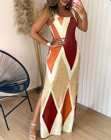 CHICME Women's Summer Maxi Dress Casual Thick Strap Square Neck Boho Sundress Split Vacation Dresses with Pockets in Kuwait