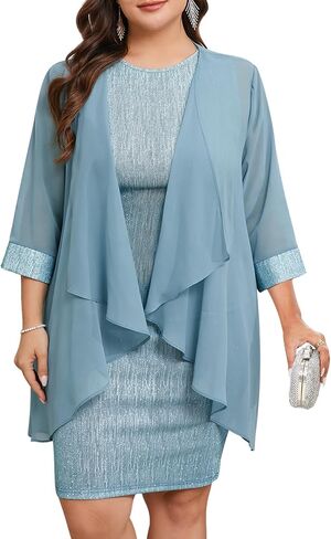 ZOMVA Plus Size Sparkly Formal Dress Suit 2 Piece Mother of The Bride Groom Chiffon Jacket Outfit Cocktail Evening in Kuwait